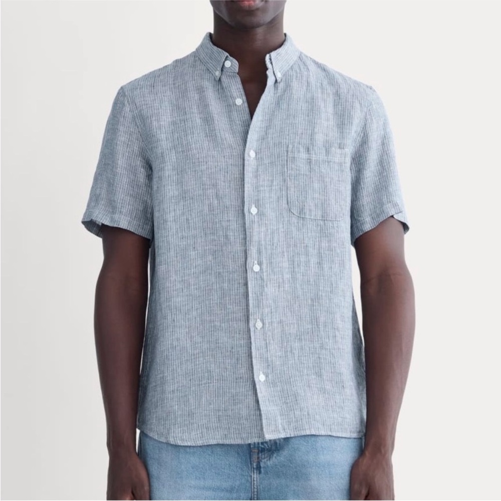 NWT Everlane Men's The Linen Short-Sleeve Standard Fit Shirt Blue/White Stripe